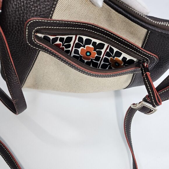 Brighton Brown & Cream Canvas Leather Crossbody Bag with Floral Lining - Picture 8 of 10